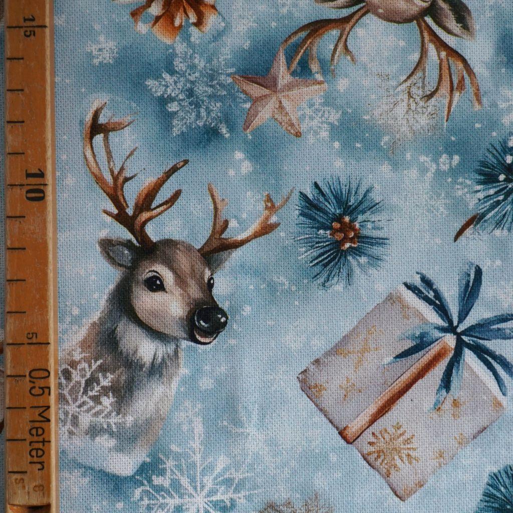 Dekostoff Halbpanama Hirsch Geschenke Eiskristalle blau